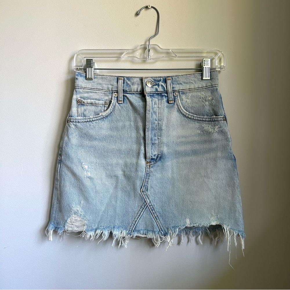 Agolde Light Blue Frayed Hem Mini Skirt